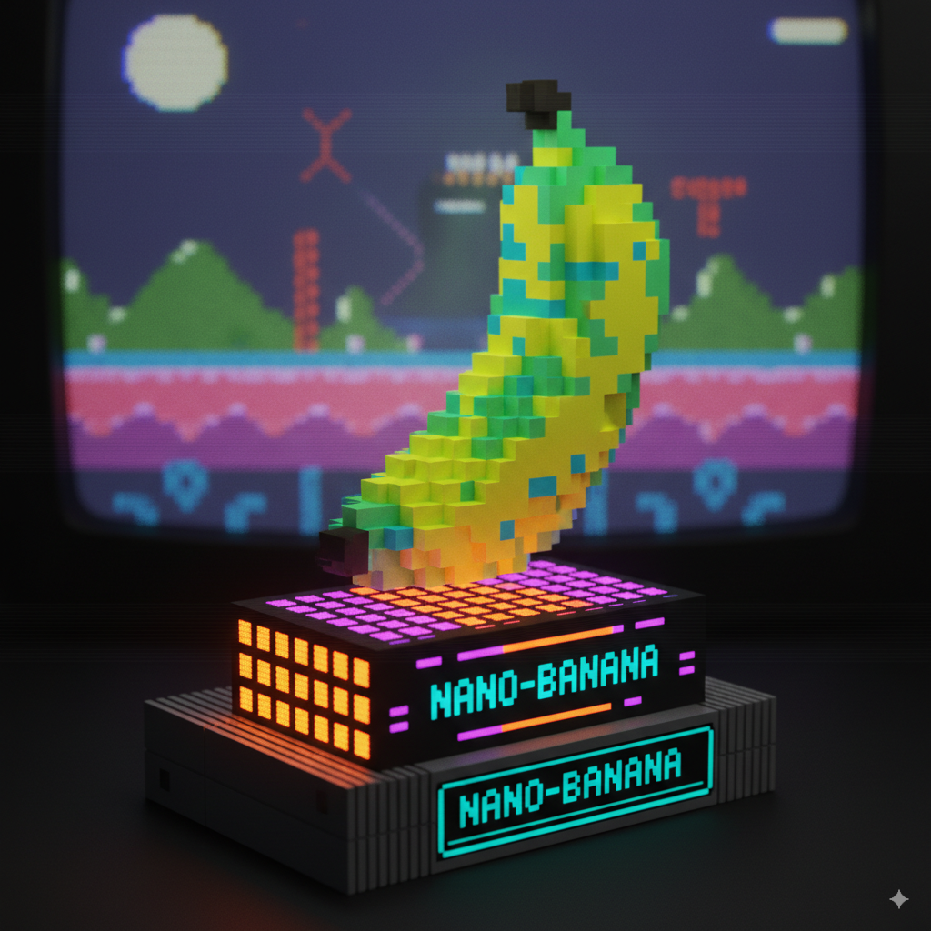 A pixelated, voxel-based banana in vibrant yellow and green sits atop a display base that resembles a vintage game cartridge. The base features an orange LED grid on the side and a teal NANO-BANANA illuminated text display. In the blurred background, an old television screen displays an 8-bit video game scene with a moon, mountains, and a large structure.